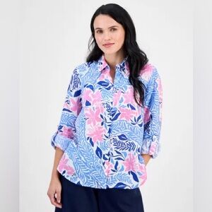 100% Linen Charter Club Pink and Blue Floral Button Down Shirt